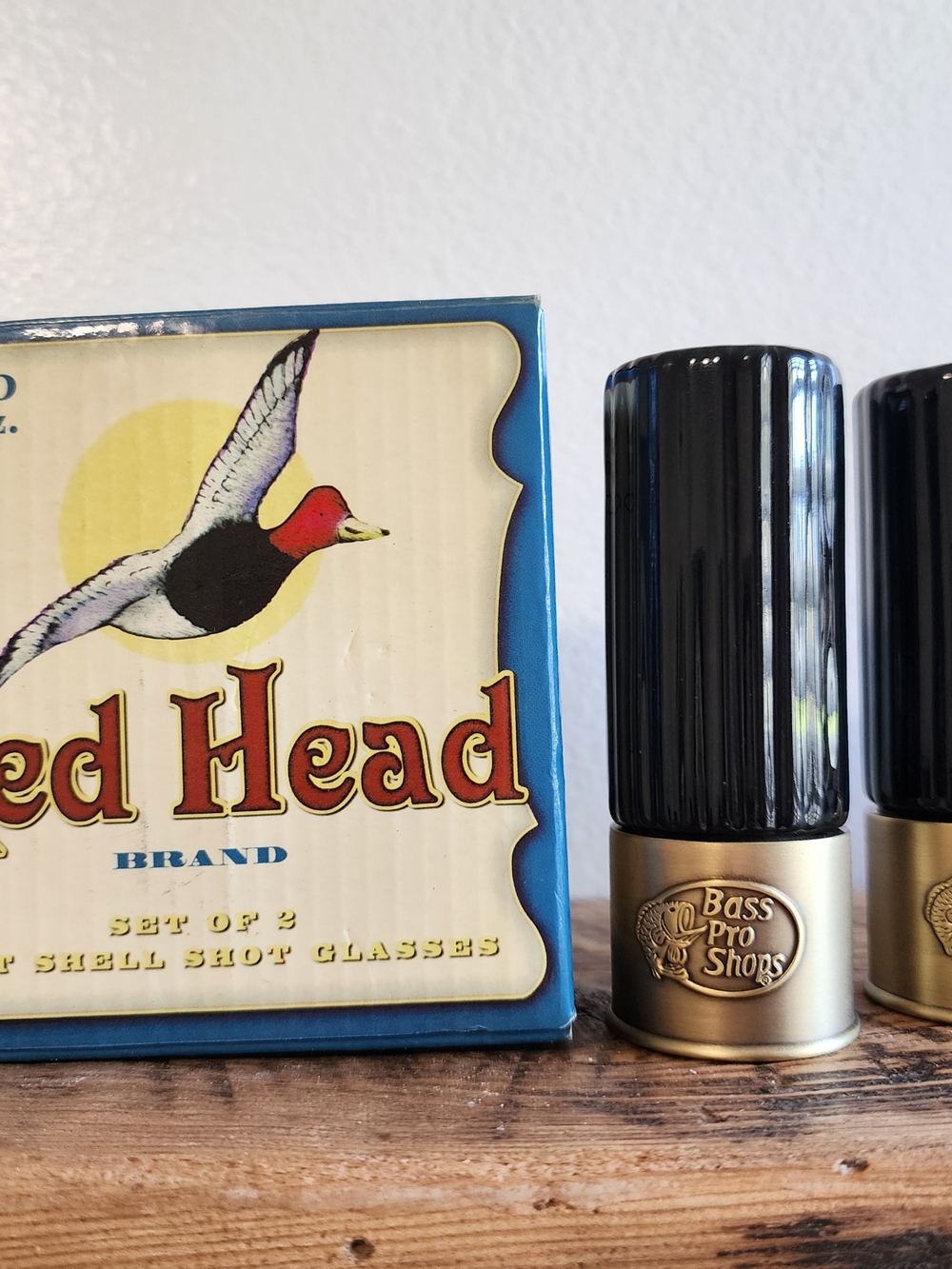 Red Head Brand 12 Gauge Shotgun Shell Shot Glasses - Ceramic Set of 2 Black Gold